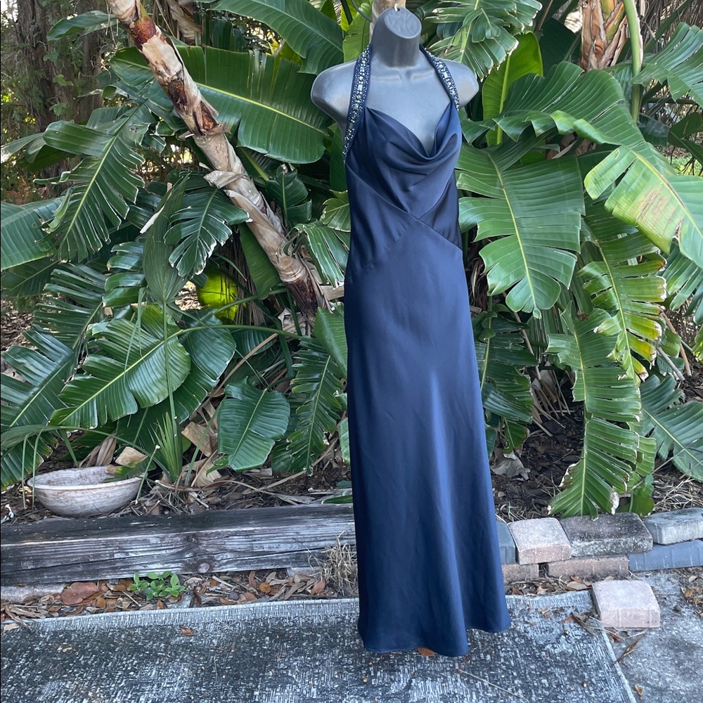bias cut cowl neck drop waist beaded backless gown